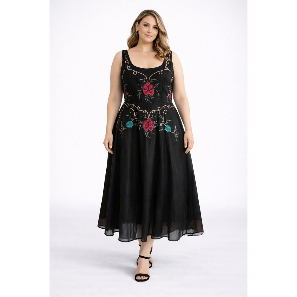 Eshakti Embroidery Sleeveless Tulle Shift Dress Black 2X-22W